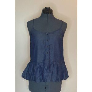 Denim Look tiny white Dot Spaghetti Strap Flounce Bottom Ruffle Tank Top Size XS